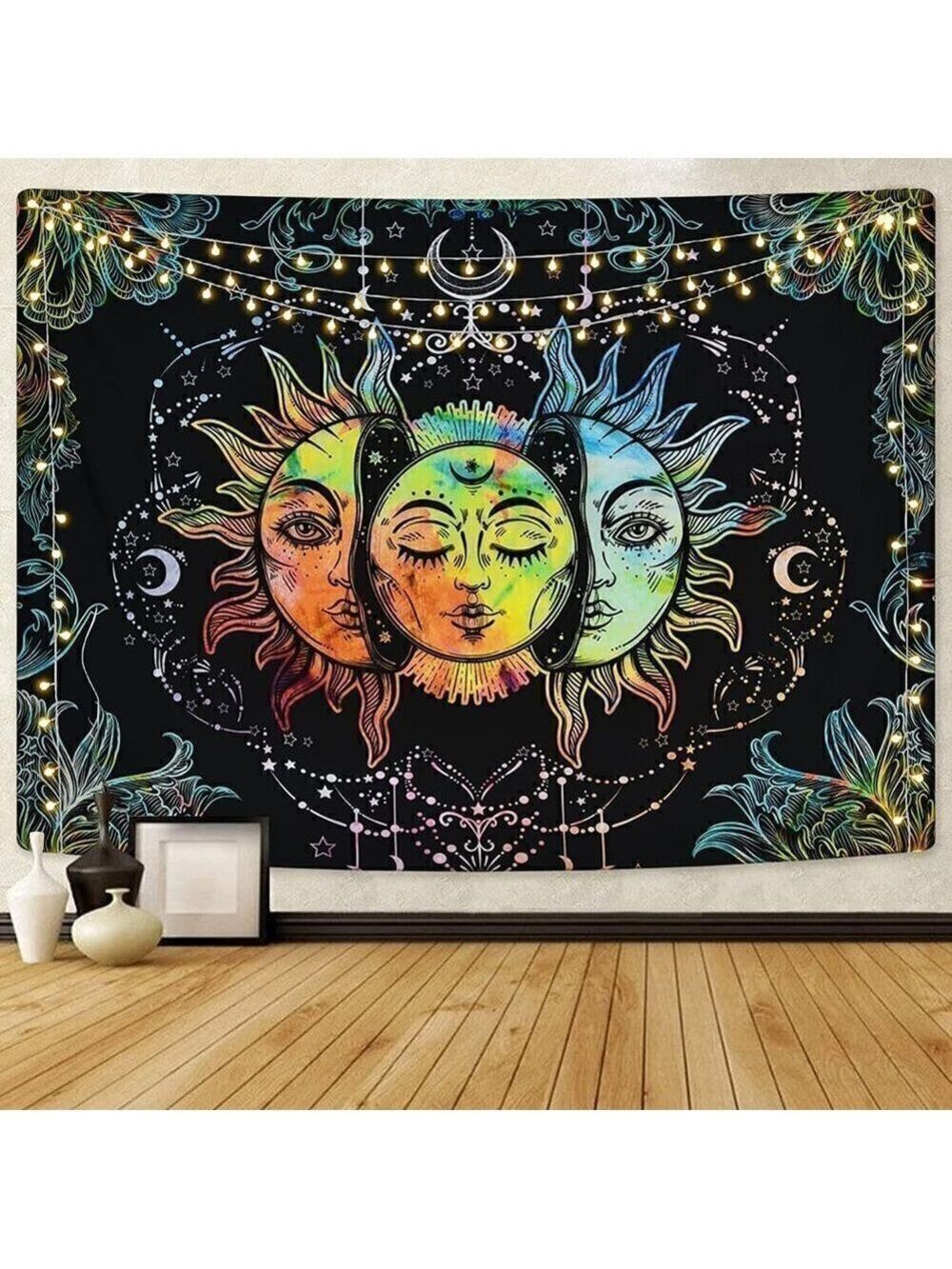 Psychedelic Burning Sun Moon Stars Tapestry Mandala Living Room Bedroom Dorm NWT